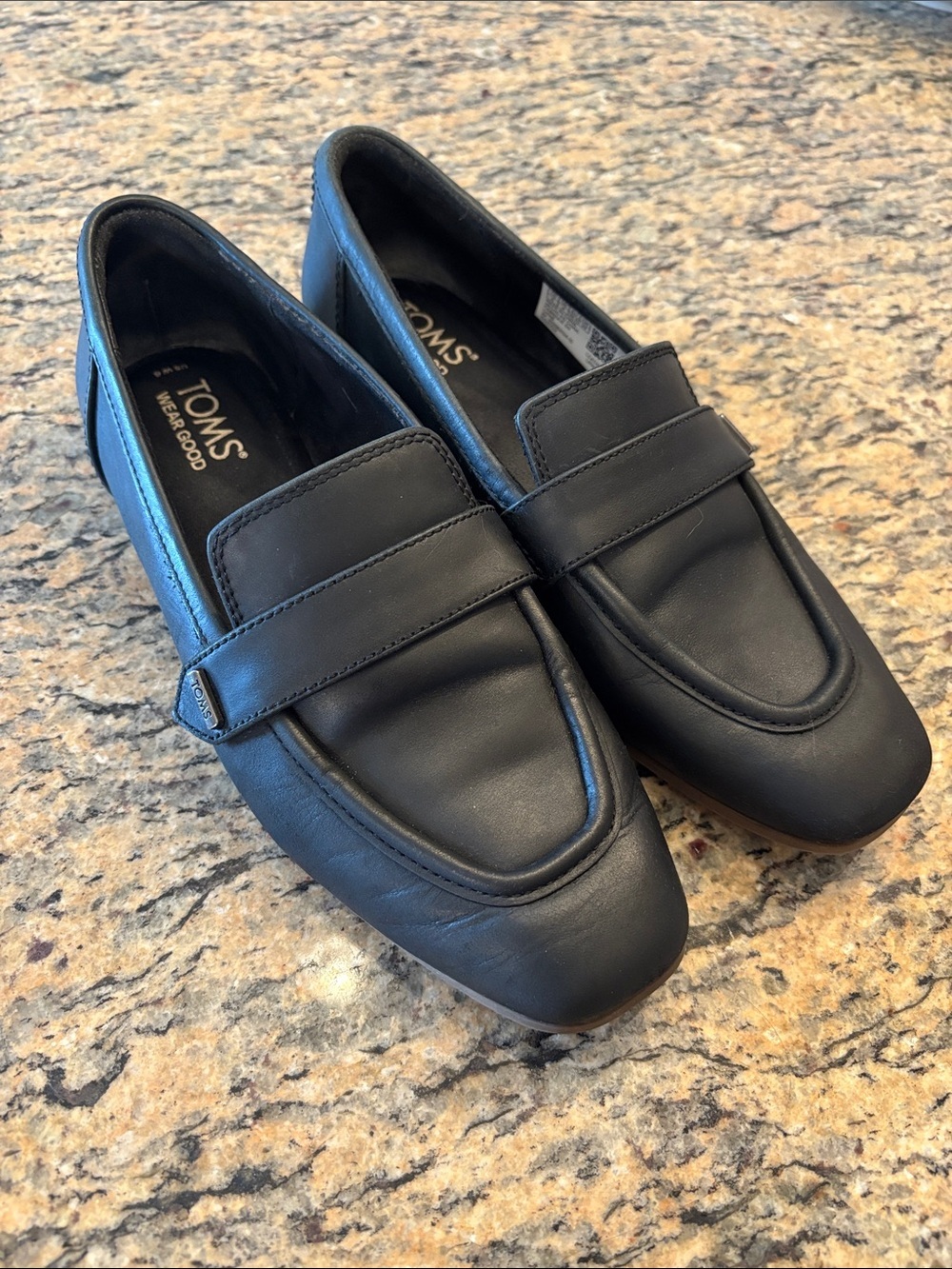Toms Black Leather Slip-On Penny Loafers